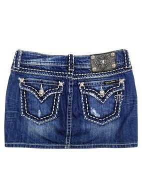 Miss Me Low Rise Denim Mini Skirt Bling Pocket Distressed Medium Wash Size 26